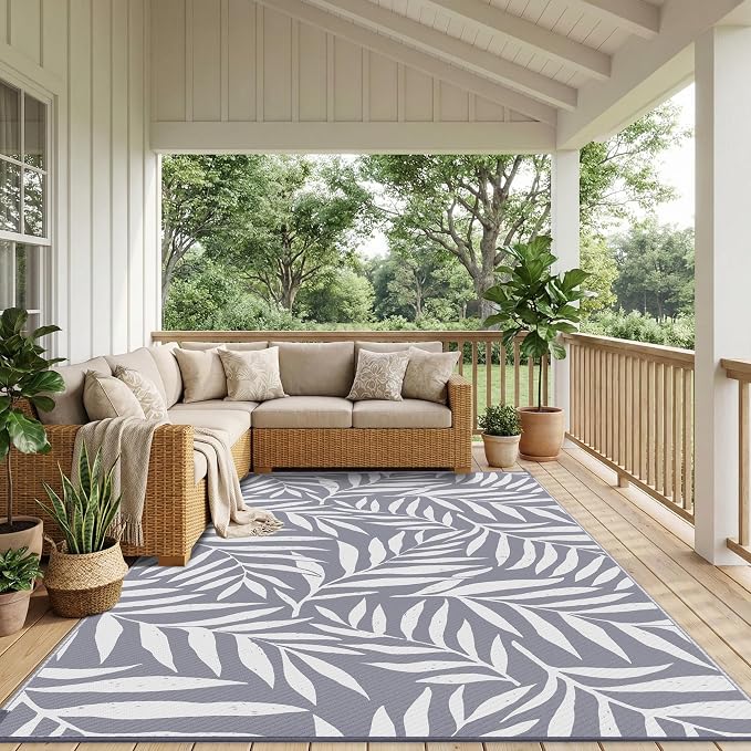 Smiry Outdoor Rug 8x10 ft, Waterproof Reversible Plastic Straw Rugs, Outdoor Area Rug with Leaf Pattern, Outside Floor Mat for Patio, Backyard, Deck, Picnic, Beach, Camping, Grey & White - Image 6