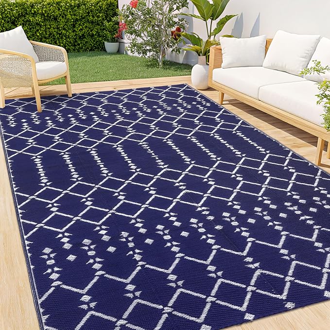 Smiry Outdoor Rug 8x10 ft, Waterproof Reversible Plastic Straw Rugs, Boho Outdoor Area Rug, Outside Floor Mat for Patio, Backyard, Deck, Picnic, Beach, Camping, Navy by Smiry