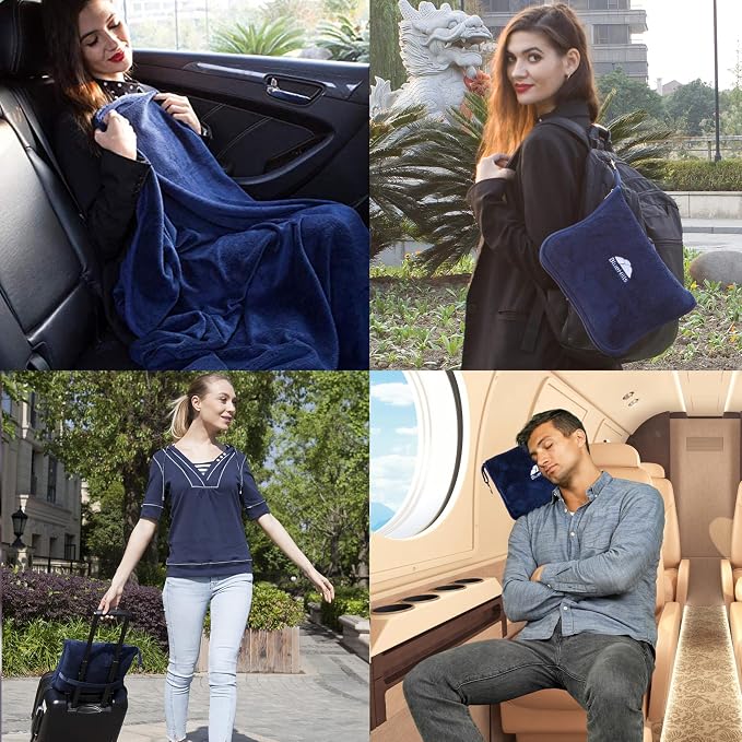 BlueHills Premium Soft Travel Blanket Pillow Airplane Compact - Navy Blue | Convertible 2 in 1 Travel Blanket to Pillow, Matching Zipper Case, Luggage Strap & Carabiner, Compact, Long Flight Essentials - Image 3
