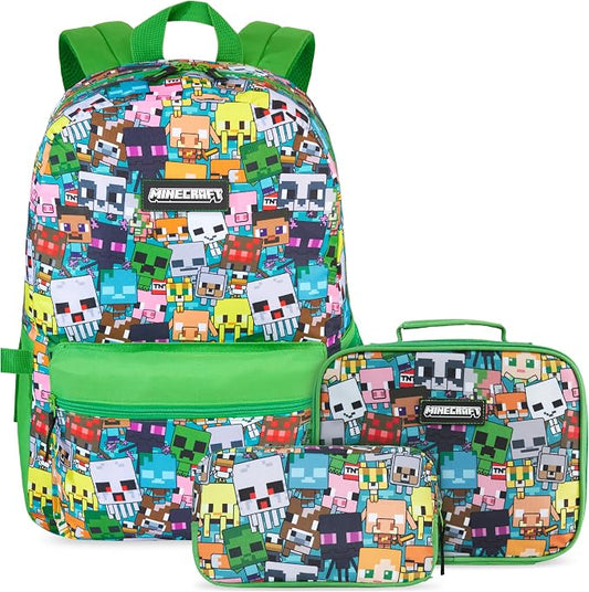 Get Trend Minecraft Kids Backpack Set for Boys with Insulated Lunch Bag & Pencil Case, 3 Pc Book Bag with Padded Straps for School, Travel, Creeper Gamer Gifts for Boys (Green/Multi Minecraft) by GetTrend