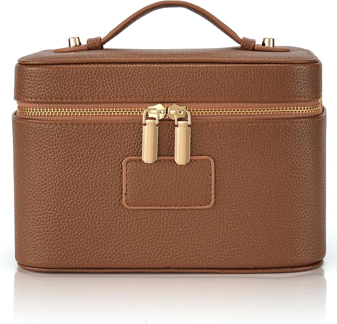 Makeup Bag Travel Toiletry Leather Cosmetic Case, Waterproof Makeup Organizer with Brush Holder, Wipe Clean Removable Divider Vanity Train Bag for Women, Brown by Unknown