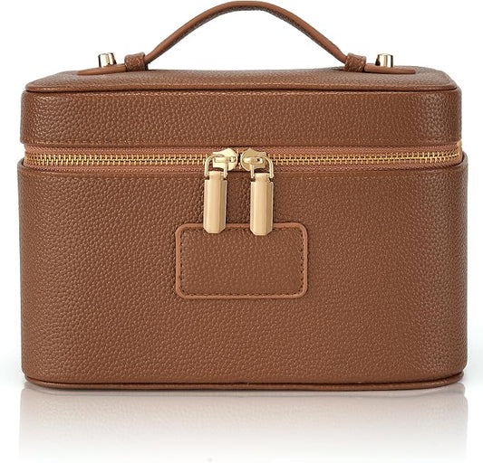 Makeup Bag Travel Toiletry Leather Cosmetic Case, Waterproof Makeup Organizer with Brush Holder, Wipe Clean Removable Divider Vanity Train Bag for Women, Brown by Unknown