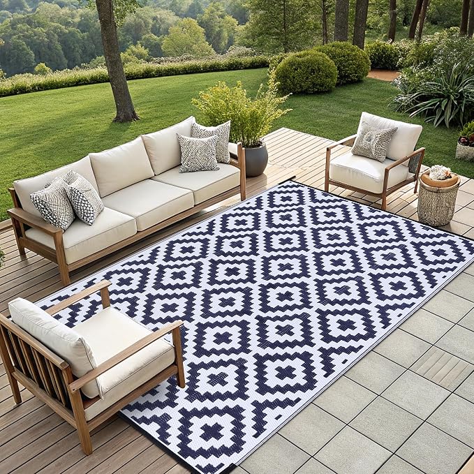 Smiry Waterproof Outdoor Rug 9x12 ft, Reversible Plastic Straw Patio Camping Rugs, Outdoor Indoor RV Mat Carpet for Patio, Outside Entry, Backyard, Deck, Bench, Picnic, Camper, White & Navy - Image 7