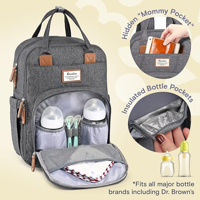 RUVALINO Diaper Bag Backpack-Expandable Baby Bag with up to 50% Capacity -Baby Essentials Bag with Changing Pad Insulated Bottle Holders & Pacifier Case, Waterproof, Dark Gray XL - Image 4