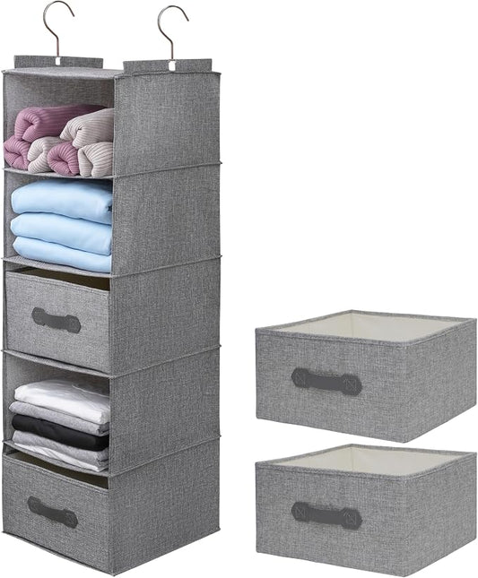 Large Hanging Sweater Organizer for Closet,Collapsible 6-Shelf Hanging Closet Shelves with Drawers, Washable (Grey-5 Shelf-2 d) by Unknown