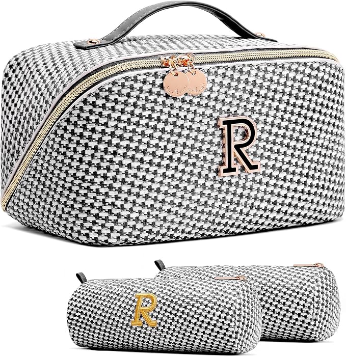 Personalized Gift Travel Makeup Bag: Initial Makeup Organizer Bag for Women | 3-in-1 Custom Make up Bag Set - Vegan Leather Travel Cosmetic Bag - Luxury Gift for Women – Birthday, Anniversary, Graduation by Unknown