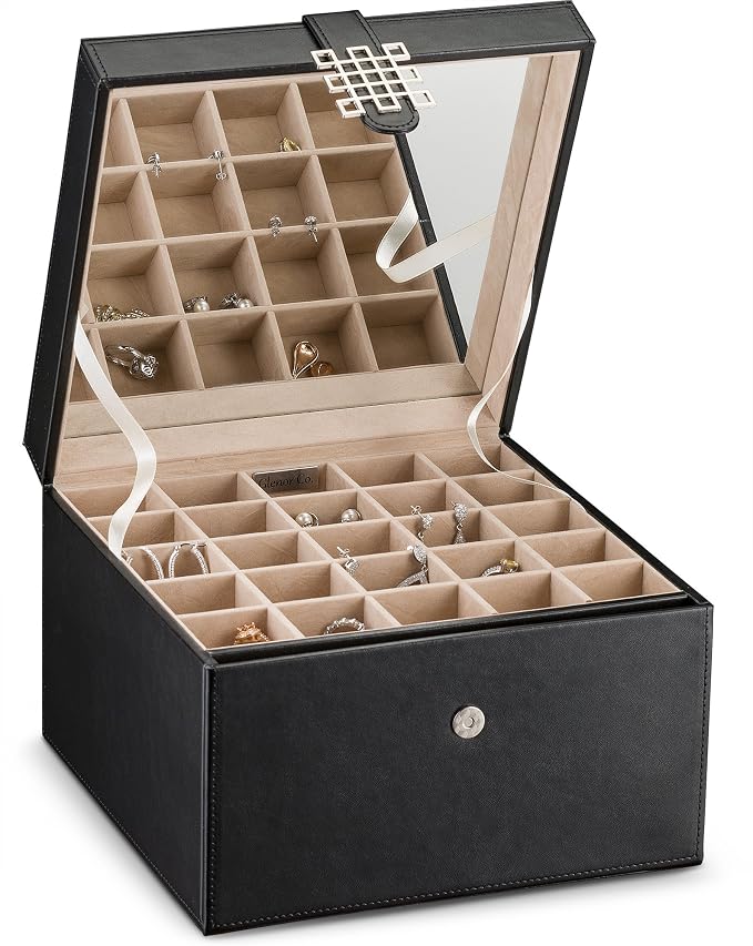 Glenor Co Earring Organizer Holder - 50 Small & 4 Large Slots Classic Jewelry box with Drawer & Modern Closure, Mirror, 3 Trays for Earrings, Ring or Chain Storage - PU Leather Case - Black - Image 2