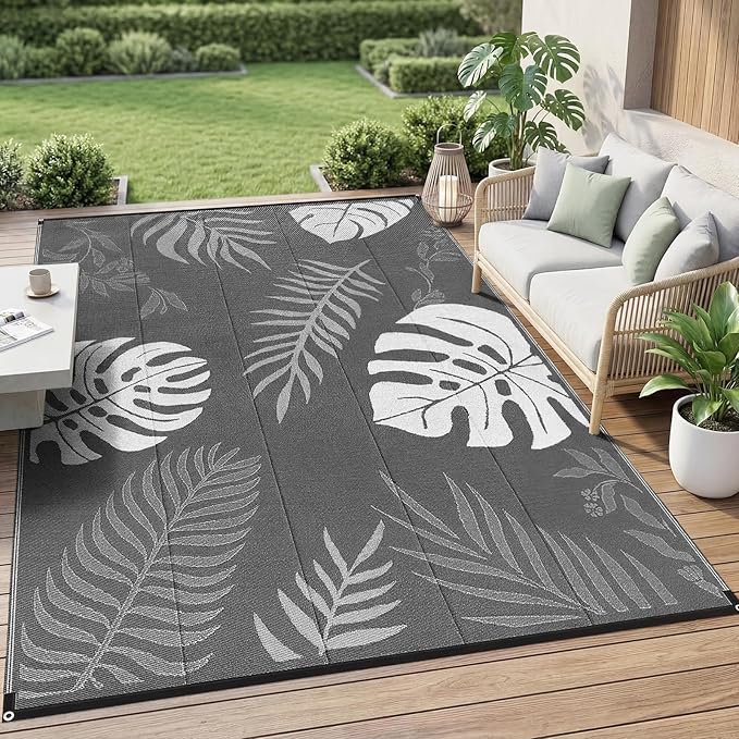 GOTGELIF Massive Outdoor Patio Rug - 9x12FT, Reversible & Water-Resistant & Wear-Resistant & Plastic Straw Outdoor Area Rug for Patio & Camping & RV - Gray Leaf by Brandintroduction