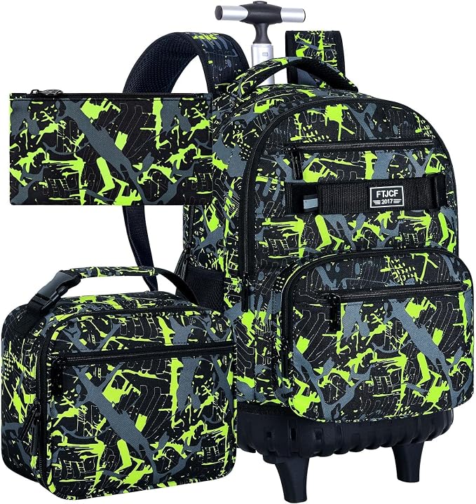 3Pcs Rolling Backpack for Boys, Men Roller Bag with Wheels for Adults, 19 Inche Graffiti Wheeled Bookbag with Lunch Box(Green) by FTJCF