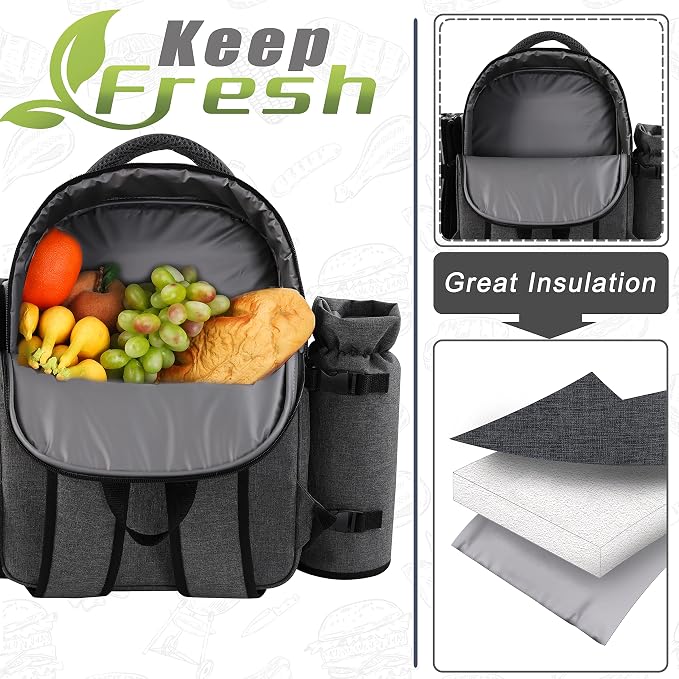 apollo walker Picnic Backpack Bag for 2 Person with Cooler Compartment, Detachable Bottle/Wine Holder, Fleece Blanket, Plates and Cutlery Set (2Person,Grey) - Image 4