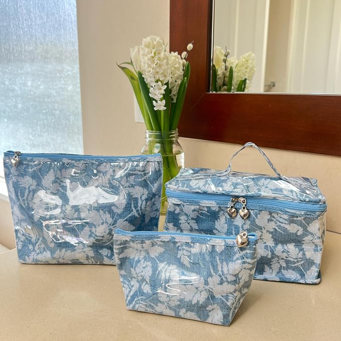 Jacaranda Living Large Cosmetic Bag – Water-Resistant Makeup & Toiletry Bag with PVC-Lined Interior, Travel Beauty Organizer, Floral Denim - Image 10