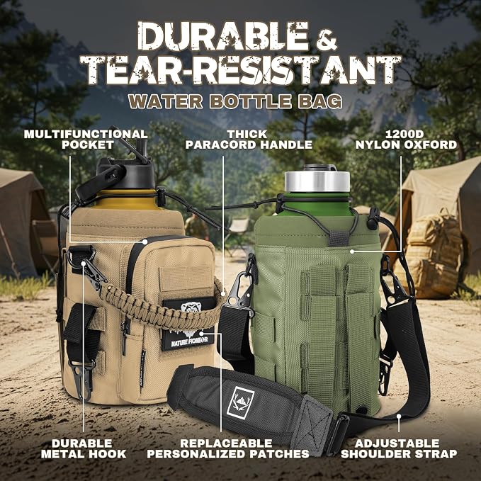 NATURE PIONEOR 64 oz Tactical Water Bottle with MOLLE Bottle Pouch & 3 Lids | 18/8 Food-grade Stainless Steel, Double Vacuum Insulation, 3 Leak-proof Lids, Handle, Strap, Camping, Hiking, Gym, Work - Image 2
