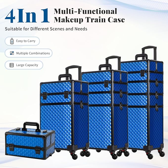 AROUS Rolling Makeup Train Case 4 in 1 Cosmetology Case on Wheels Large Storage Cosmetic Trolley with Key Salon Barber Traveling Cart Trunk, Blue - Image 2