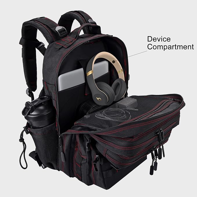 LHI Military Tactical Backpack for Men and Women 45L Army 3 Days Assault Pack Bag Large Rucksack with Shoe Compartment - Black red line - Image 3