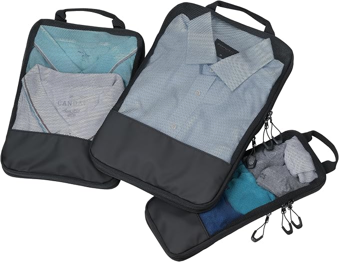 Travel Compression Bag Set - TROIKA Black Packing Cubes - 3 Pack Bags with Additional Compression Zip for Space-Saving Packing of Clothes in Suitcase & Backpack, black, 39,5 x 27,5 x 3,7 cm - Image 2