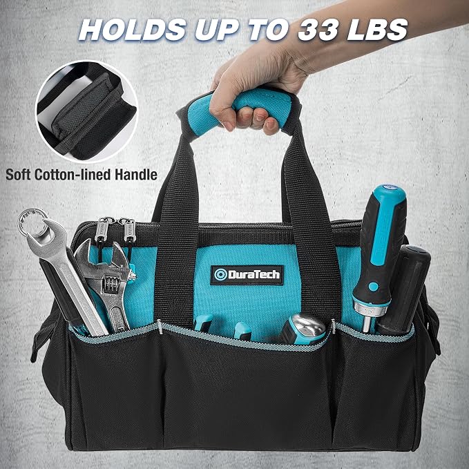 DURATECH 13" Small Tool Bag with 9 Pockets, Wide Open Tool Carrier | Thickened Fabric Construction, Multiple Storage Pockets, Tool Organization, Mechanics Electricians Plumbers HVAC Use - Image 3