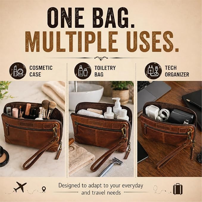 Genuine Leather Makeup Bag Travel Organizer, Premium Handcrafted Cosmetic Pouch with Zipper & Wrist Strap, Durable Toiletry Storage for Women & Men, 5 x 9- Tan - Image 3