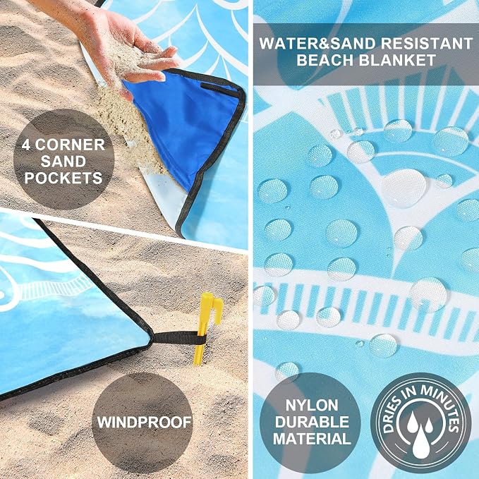 WIWIGO Beach Blanket Waterproof Sandproof Beach Mat 79" X 83"/10'x9'for 2-8 Adults Quick Drying Outdoor Picnic Mat Beach Accessories for Travel, Camping, Hiking - Image 4