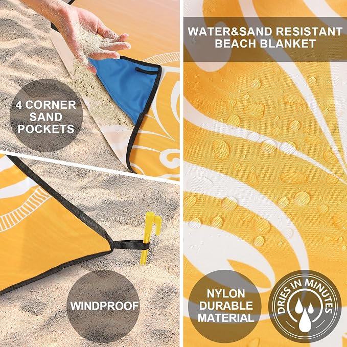 Beach Blanket Sandproof Extra Large Beach Mat Adults Waterproof Quick Drying Sand Free Mat Made by Premium Polyester with 4 Stakes & 4 Corner Pockets for Outdoor Travel Camping Hiking - Image 4