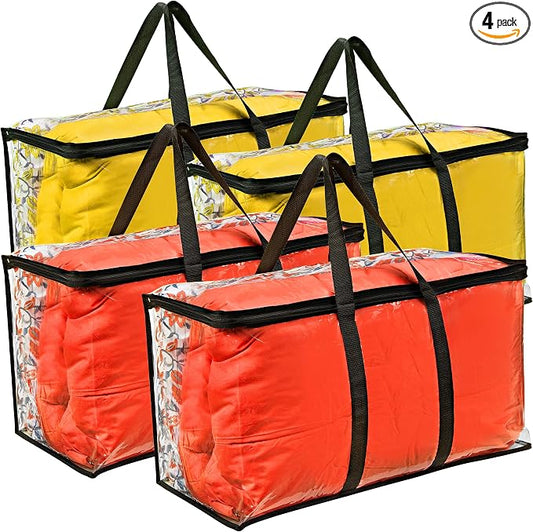 VitalUp 4 Pack Clear Large Moving Bags, Heavy Duty Storage Bags, College Totes, Storage Bins, for Organizing Blankets, Clothing for College, Dorm, Packing, Durable with Zipper and Handle 25x14x12 by Vitalup