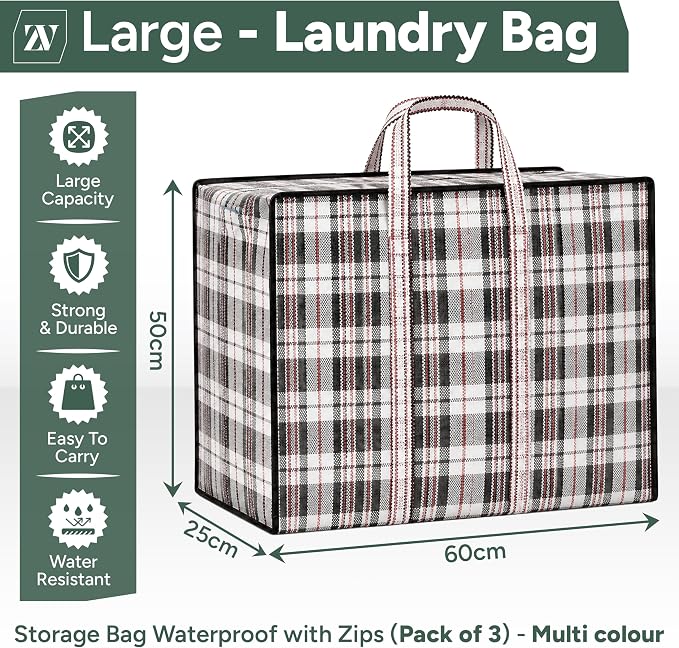 Extra Large Laundry Storage Checkered Shopping Bags 3 Pack, (60 x50 x25 cm) Strong and Durable Waterproof Moving Totes Carrying Bag With Zipper, Cloth Storage Handle Attached Reusable Luggage Bags - Image 2