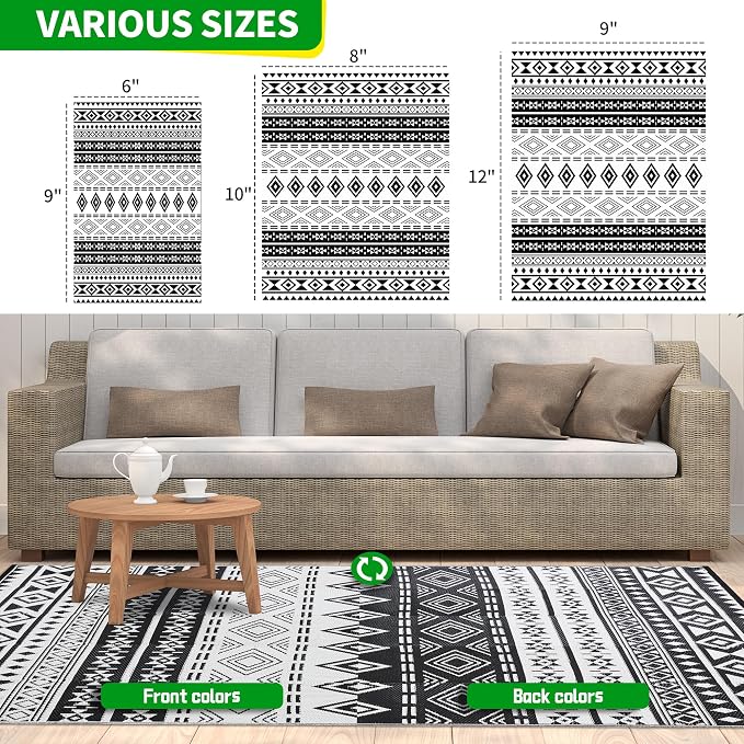 Outdoor Rugs, Outdoor Plastic Straw Rug, Reversible Waterproof Carpet for Camping, Poolside, Garden, BBQ Area, Gazebo Flooring, RV Park & Beach, Geometric Style, 9x12 - Image 4