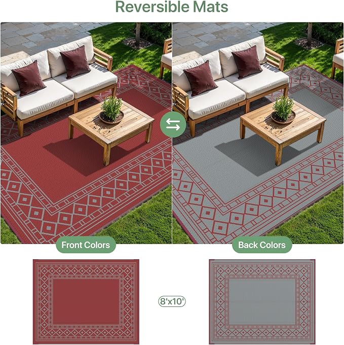 GENIMO Outdoor Rug, Waterproof Plastic Rugs for Patio, 8'x10' Red Greyn | Outside Larger Modern Carpet Mat for Porch Decor, Deck, Balcony, Camping, RV, Backyard, Picnic, Beach, Reversible - Image 4