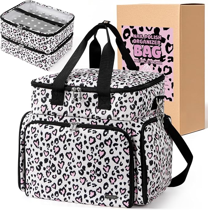 DERSTUEWE Nail Polish Organizer Case – Waterproof Travel Bag with Hard Bottom – Double Layer Nail Storage Bag with Adjustable Dividers & Nail Lamp Compartment (Multi Print) - Image 7