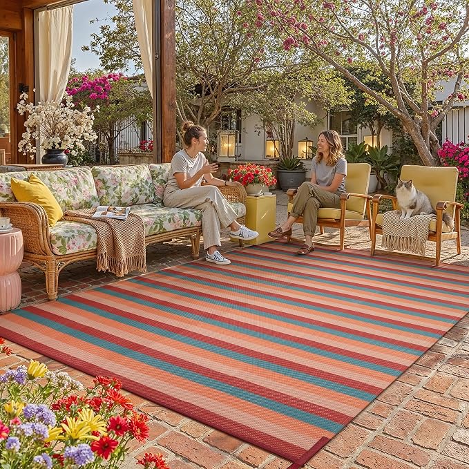 PureCozy Outdoor Waterproof Patio Rug 8x10 Plastic Straw Reversible Outside Orange Red Colorful Striped Carpet Lightweight Large Rug for Camping RV Porch Deck Balcony Beach by PureCozy