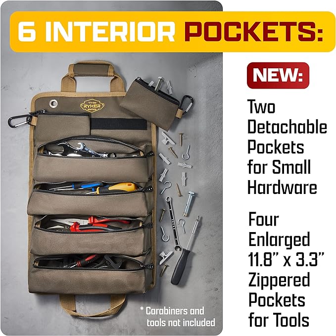 Ryker Heavy Duty Roll Up Tool Bag Organizer w/Detachable Pouches, Khaki | Tool Roll Up Bag Tool Box Organization. Portable Truck & Motorcycle accessories. Rollup Tools Bags for Mechanic & Electrician - Image 4