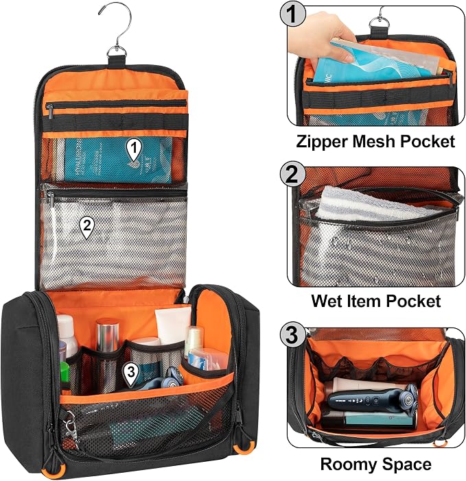 Tactical Toiletry Travel Bag for Men, Hanging Dopp Kit Hygiene Bag Shower Organizer with Hook for Toiletries and Shaving Care, Black (Empty Bag) - Image 2
