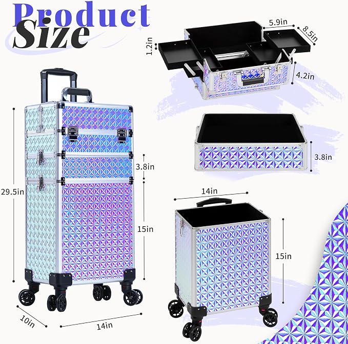3 in 1 Rolling Makeup Train Case Cosmetology Case on Wheels, Silver | Large Cosmetic Trolley Organizer with Keys Salon Barber Case Traveling Cart Trunk for Artist Hairstylists Nail Tech - Image 2