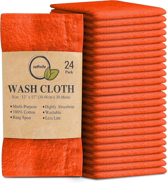 100% Cotton Washcloths 24 Pack (12x12 Inches) Soft, Highly Absorbent Washcloth, Face Towels, Wash Cloths for Face, Ring Spun, Bulk Pack (Orange) by Softolle
