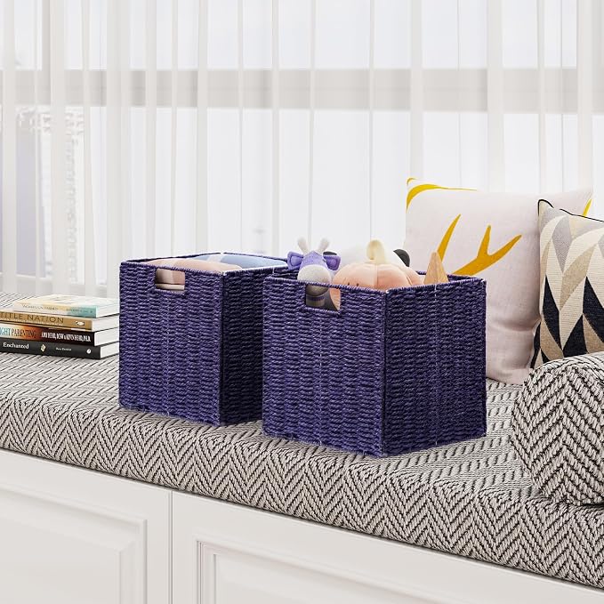 Vagusicc Wicker Storage Basket, Set of 2 Hand-Woven Wicker Basket, 11 inch Storage Basket, Foldable Cube Storage Organizer Bins, Storage Baskets for Organizing Shelves Decor, Purple (11″×11″×11″) - Image 8