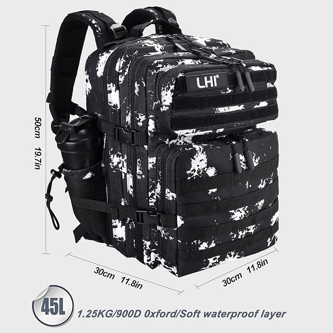 LHI Military Tactical Backpack for Men and Women 45L Army 3 Days Assault Pack Bag Large Rucksack with Shoe Compartment - Black Lightning - Image 2