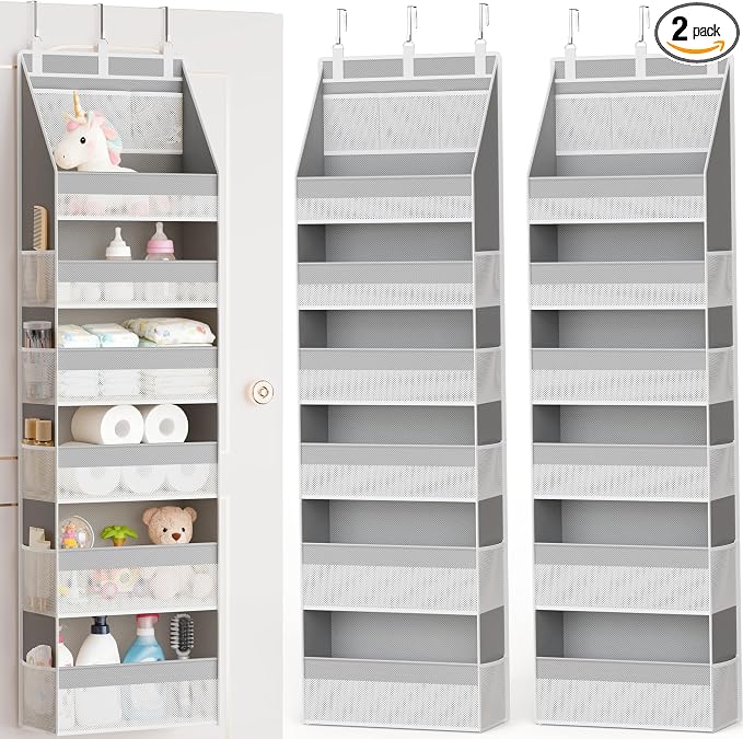 Criusia 2 Pack Over The Door Organizer, Heavy-Duty 6-Shelf Hanging Storage with 13 Mesh Pockets, 55lbs Capacity Behind The Door Storage for Nursery, Bathroom, Bedroom, and Dorm, Grey by Criusia