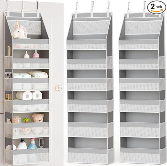 Criusia 2 Pack Over The Door Organizer, Heavy-Duty 6-Shelf Hanging Storage with 13 Mesh Pockets, 55lbs Capacity Behind The Door Storage for Nursery, Bathroom, Bedroom, and Dorm, Grey by Criusia