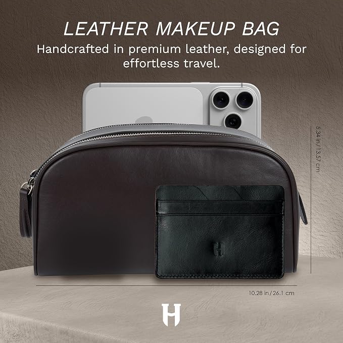 Full-Grain Leather Toiletry Bag for Men & Women | Travel Dopp Kit & Makeup Organizer | LWG Gold-Rated Certified | Durable Zip Closure, Carry Handle | Gift & Daily Use, Black - Image 8