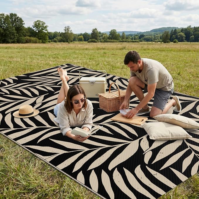 Smiry Outdoor Rug 5x8 ft, Waterproof Reversible Plastic Straw Rugs, Outdoor Area Rug with Leaf Pattern, Outside Floor Mat for Patio, Backyard, Deck, Picnic, Beach, Camping, Black & Beige - Image 4