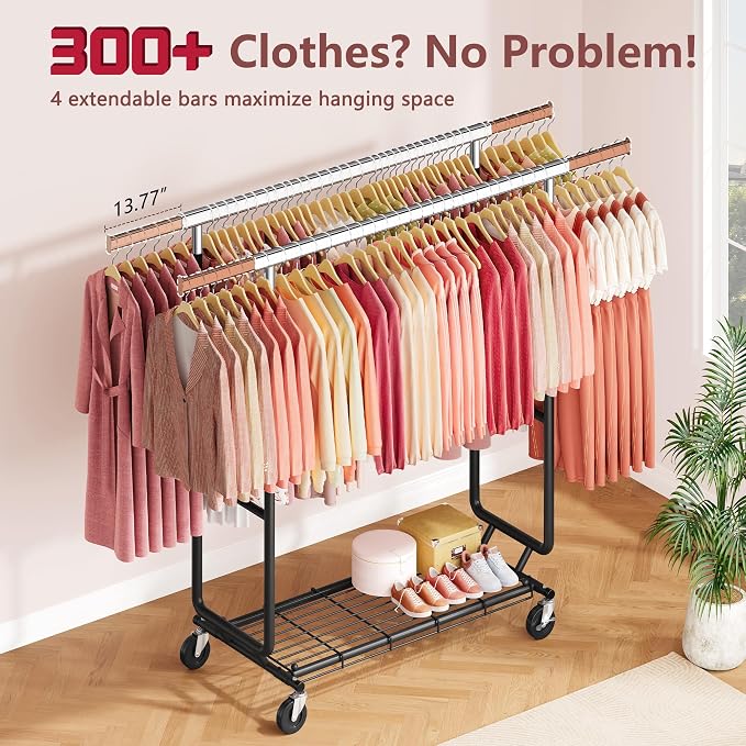 Hoctieon 2-Minute Assembly Double Rod Clothes Rack, Heavy Duty Rolling Clothing Racks with Wheels, Foldable Commercial Garment Rack, Extendable Hanging Bar, Adjustable Metal Pole with Hooks, Black - Image 3