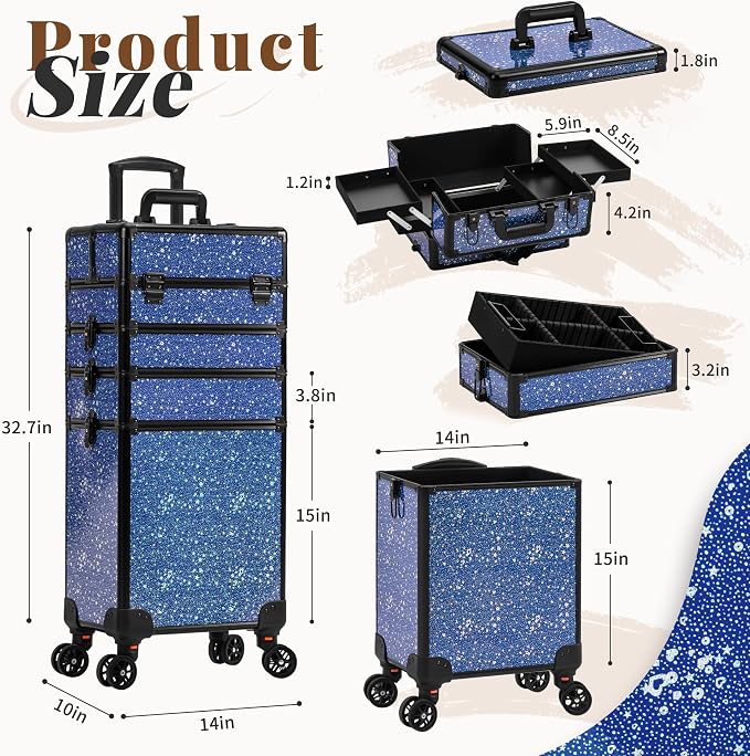 AROUS Rolling Makeup Train Case 5 in 1 Cosmetology Case on Wheels Large Cosmetic Organizer Travel Cart for Hairstylist Artist Nail Beauty Salon Barber,Blue - Image 3