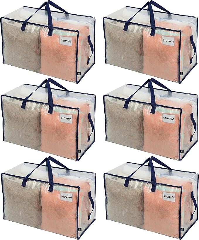 VENO 6 Pack Clear Extra Large Moving Bags & Storage Totes, Heavy Duty Organizer with Reinforced Handles & Strong Zippers for Clothes, College Dorm Essentials, Moving Supplies by Veno