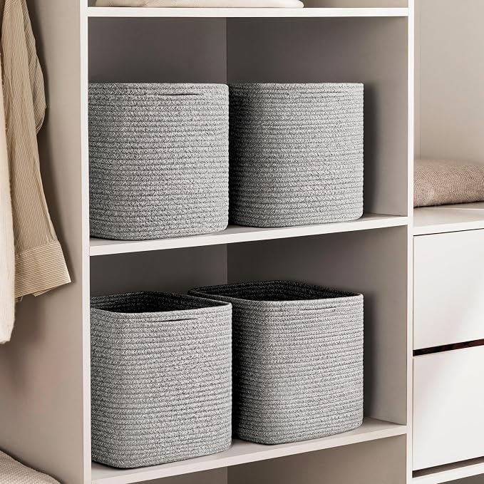 joybest 11inch Cube Storage Bins Set of 4, Cotton Rope Woven Organizer Basket for Shelves, Cube Bin Square Shelves Organizer Closet Storage, Nursery, Toy Organization, Gray - Image 6