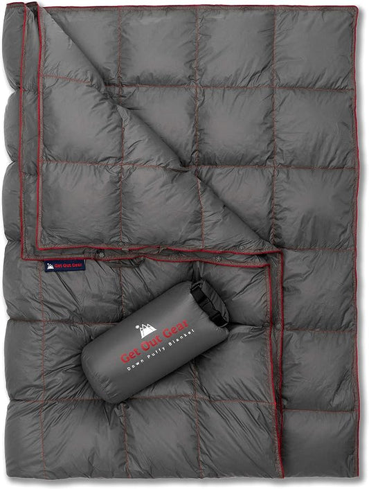 Get Out Gear Down Camping Blanket - Puffy, Packable, Lightweight and Warm | Ideal for Outdoors, Travel, Stadium, Festivals, Beach, Hammock | 650 Fill Power Water-Resistant Backpacking Quilt by Get+Out+Gear