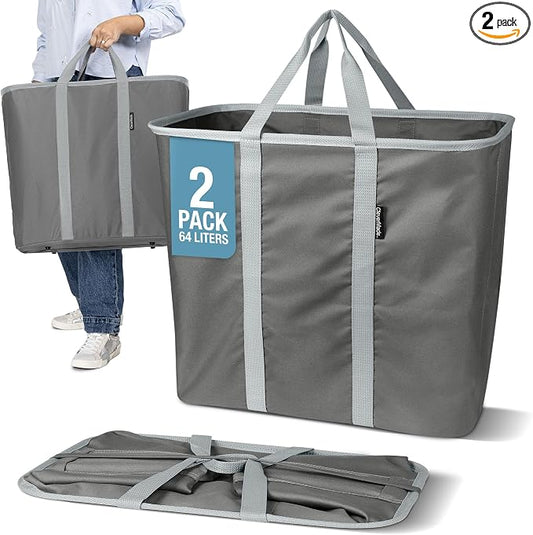 CleverMade Collapsible Laundry Caddy – Foldable Laundry Hamper & Tote, XXL 64L Pop-Up Laundry Basket with Handles, Space-Saving Laundry Organizer for Home & Travel, 2 Pack - Charcoal Gray by CleverMade