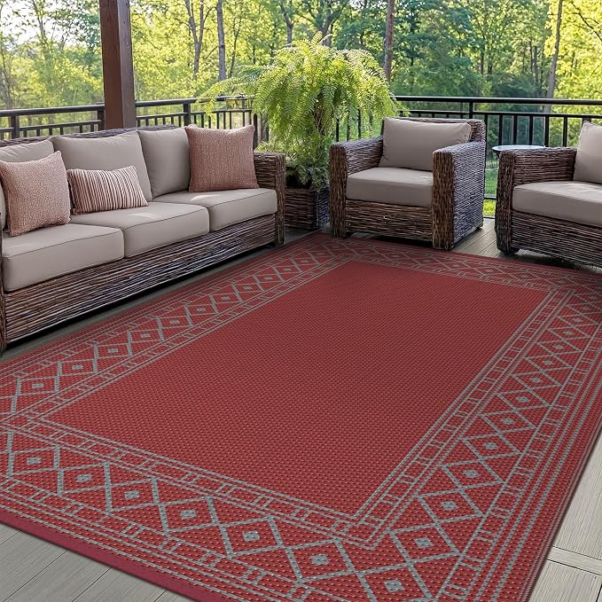 GENIMO Outdoor Rug, Waterproof Plastic Rugs for Patio, 6'x9' Red Grey | Outside Larger Modern Carpet Mat for Porch Decor, Deck, Balcony, Camping, RV, Backyard, Picnic, Beach, Reversible by GENIMO