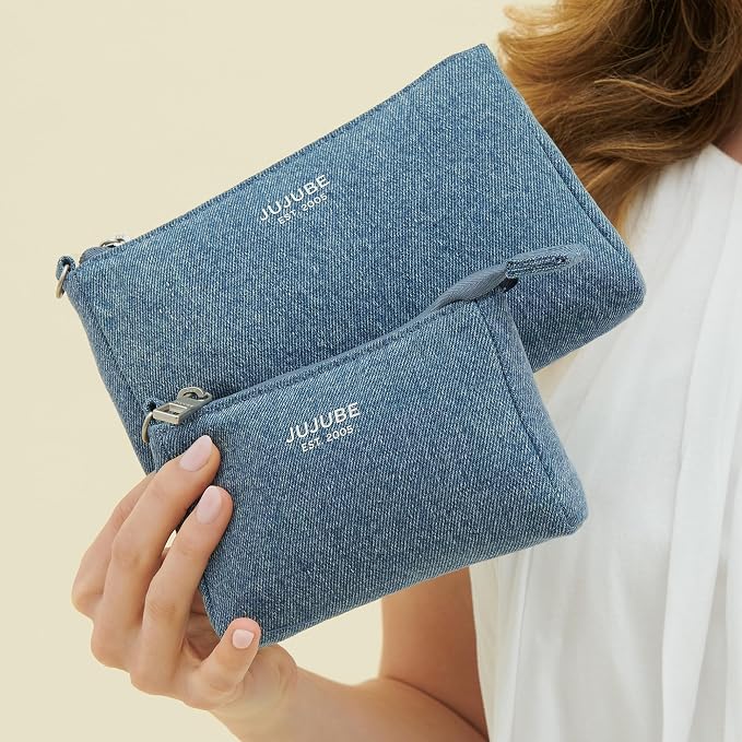 JuJuBe 3-Piece Pouch Set Diaper Bag Organizing Pouches, Perfect for Travel, On The Go, Zipper Cosmetic Makeup Bag or Diaper and Wipes Storage Pouch, Large, Medium, & Small, Denim & Daisies (Blue) - Image 2