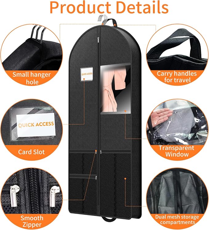 Garment Bag Travel Suit Storage: 63 Inch 3 Packs Fabric Breathable Zippered - Clothes Covers Carry Shoe Pockets Lightweight - Women Travel Wardrobe Protector Hanging Up Multiple - Image 4