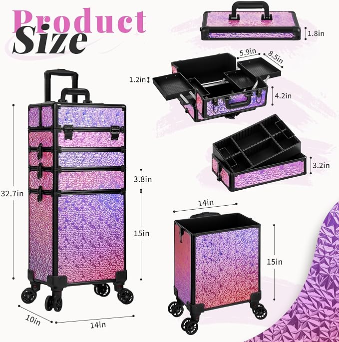 Rolling Makeup Train Case with Lid Cosmetology Case on Wheels | 5 in 1 Large Cosmetic Trolley Organizer Travel for Hairstylist Artist Nail Beauty Salon Barber Cart Trunk, Gravel Pink - Image 3