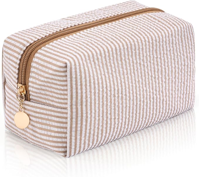 Makeup Bag Travel Toiletry Bag for Women, Small Cosmetic Bags Cute Brown Stripe Aesthetic Organizer Makeup Pouch for Purse Emergency Bag Pencil Case Accessory Bag by Unknown